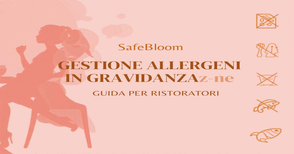 Pink and gold blog banner showing pregnancy-safe dining with allergen icons - SafeBloom Europe