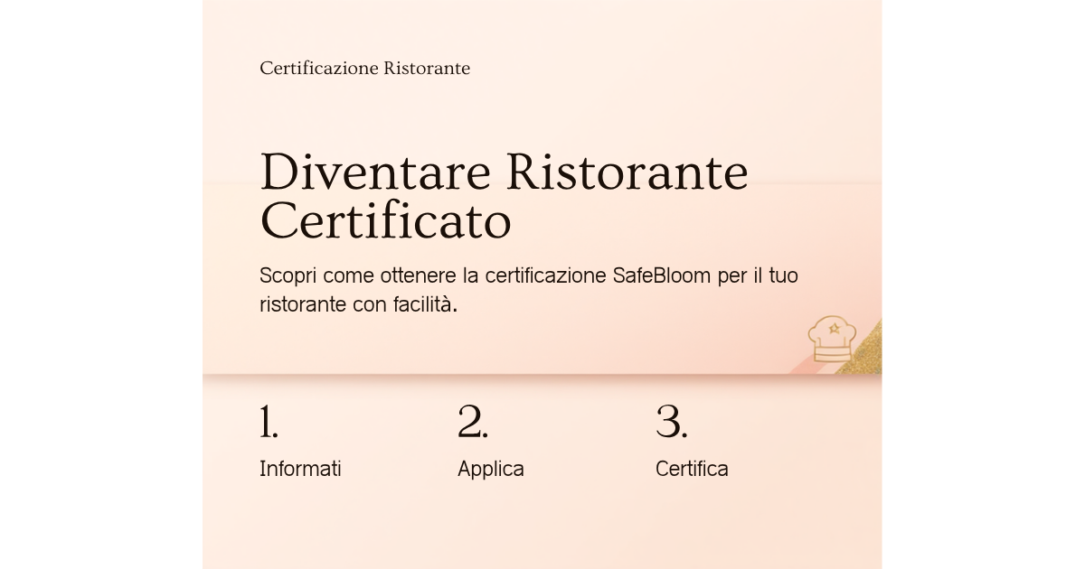 Banner SafeBloom con titolo Ristorante Certificato e badge di certificazione in palette peach e oro