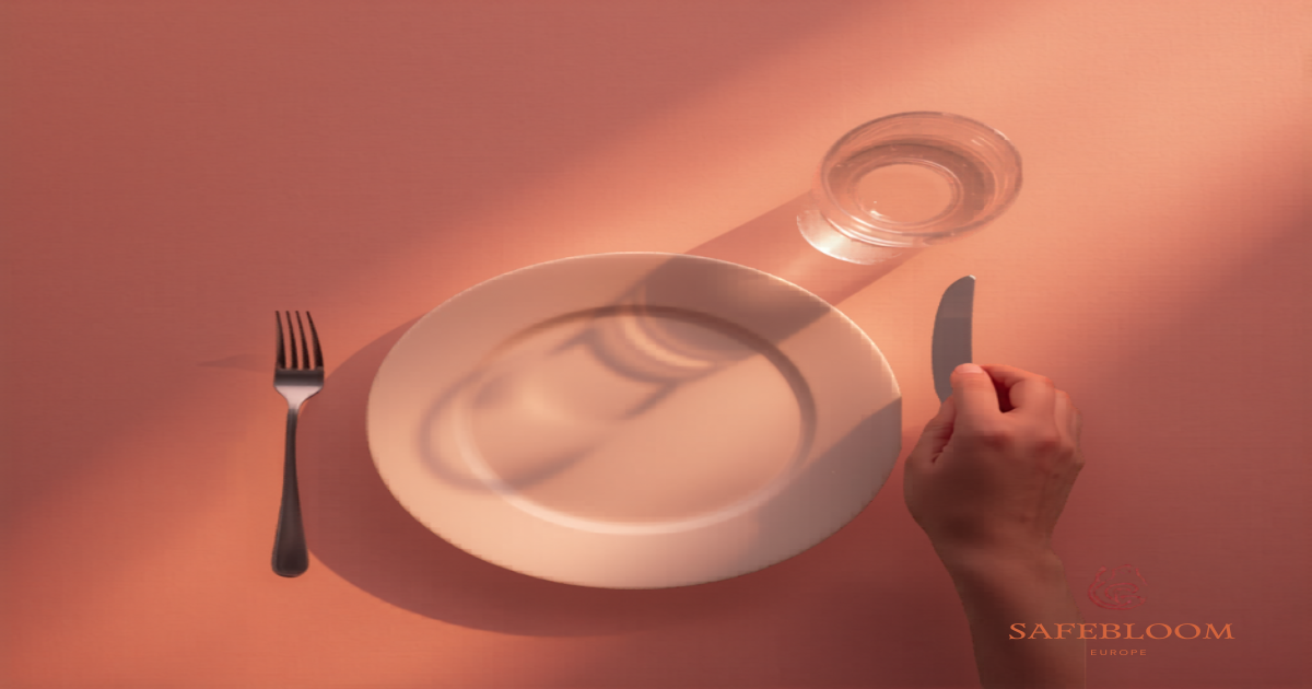 Tavolo da ristorante con piatto bianco e ambientazione calda, copertina articolo SafeBloom Europe su listeria e toxoplasmosi in gravidanza