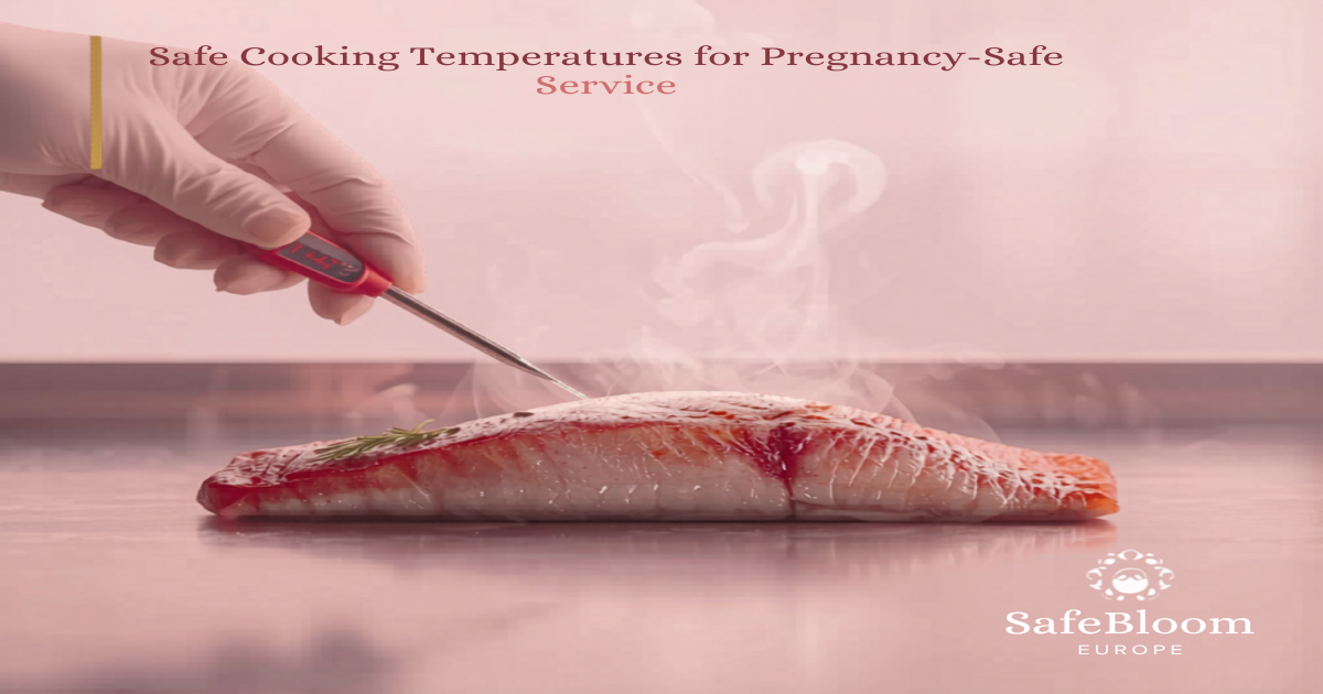 Chef using a digital probe thermometer to verify safe cooking temperature, SafeBloom Europe blog cover image