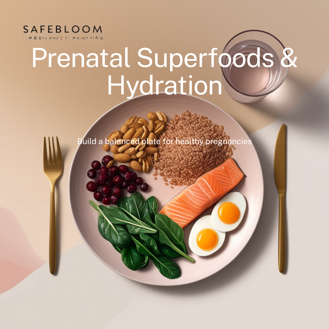 Balanced plate of prenatal superfoods and a glass of water