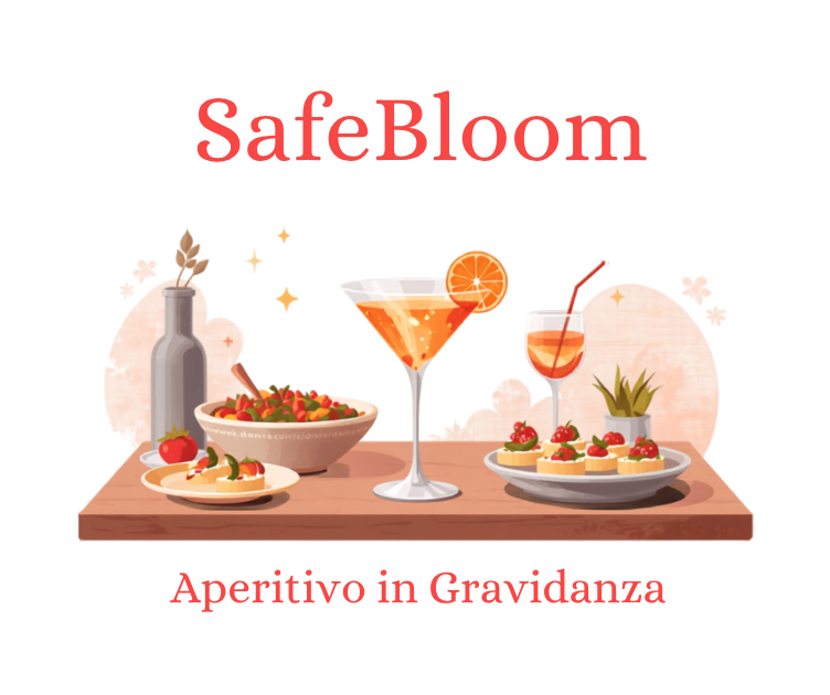 Illustrazione di un buffet aperitivo con mocktail e stuzzichini, tema SafeBloom