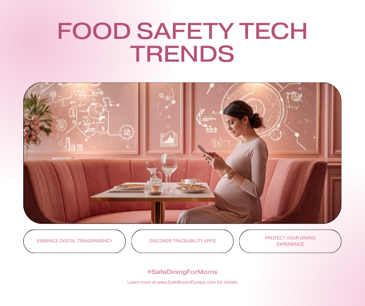 Pregnant woman checking a restaurant safety app on her phone