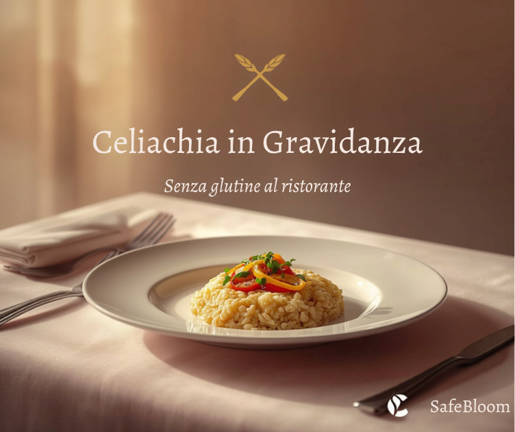 Piatto senza glutine su tavolo di ristorante, cover articolo celiachia in gravidanza SafeBloom