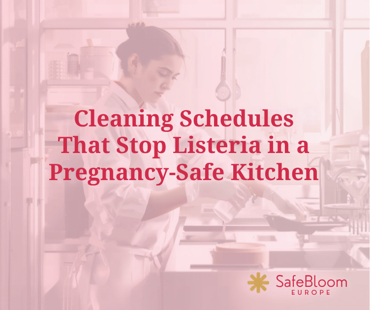 Gloved kitchen staff sanitising a stainless-steel prep surface in a pregnancy-safe SafeBloom certified kitchen