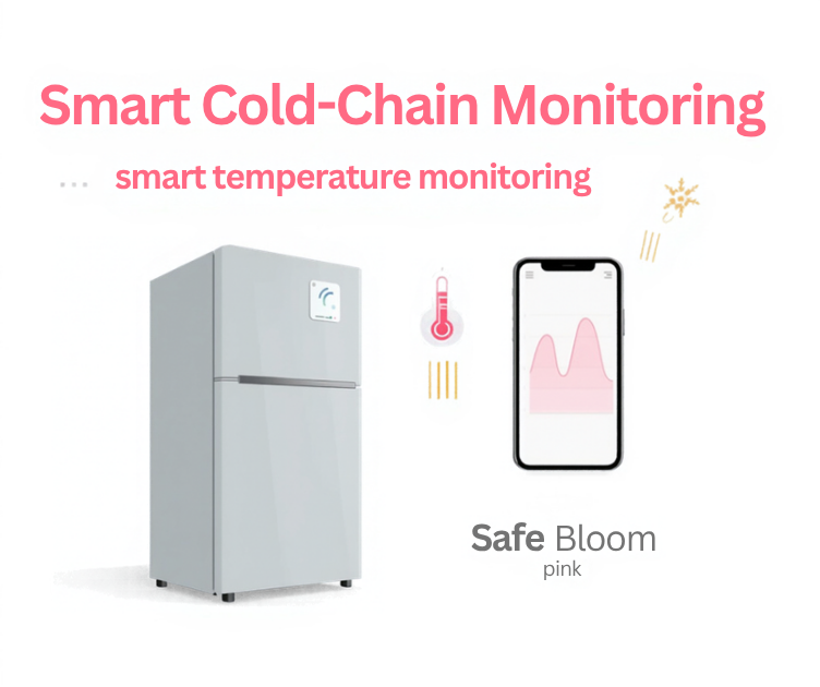 Commercial refrigerator with wireless temperature sensor and alert graph - SafeBloom cold-chain monitoring