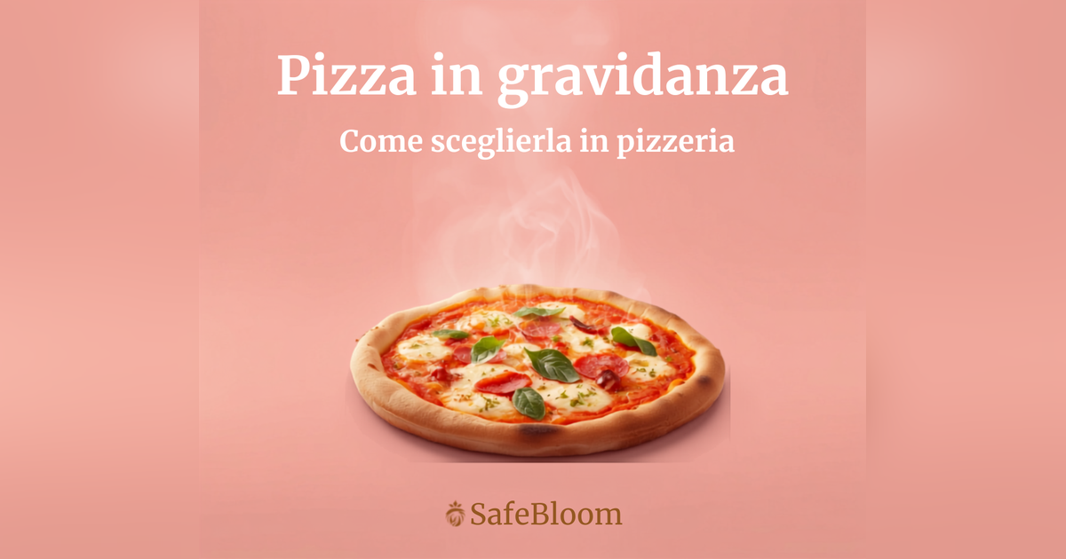 Pizza margherita fumante su sfondo rosa con titolo Pizza in gravidanza