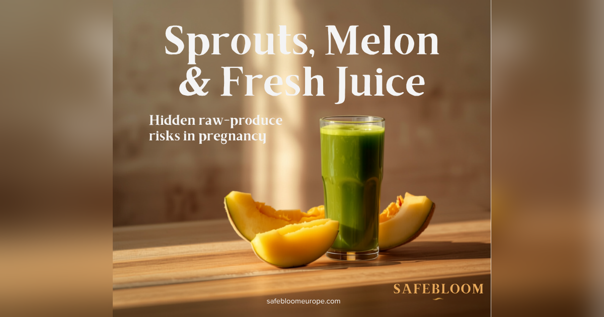 Glass of green juice and sliced melon on a wooden counter, title Sprouts, Melon and Fresh Juice