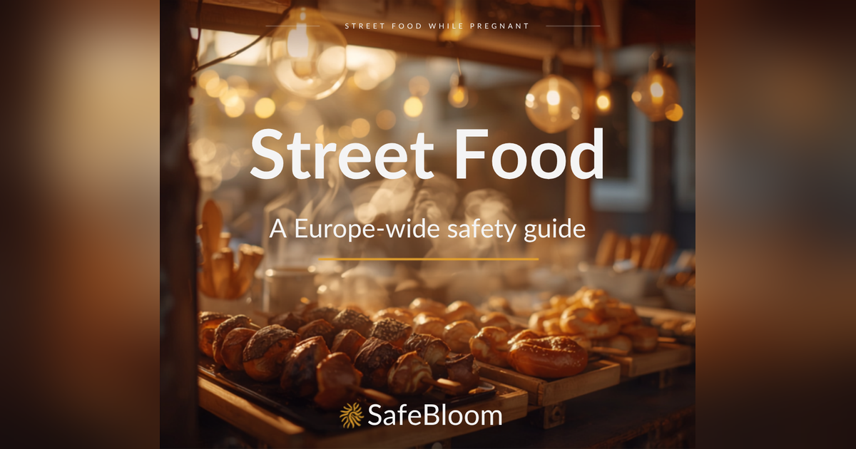Street food market stall with grilled skewers and pretzels, title Street Food, a Europe-wide safety guide