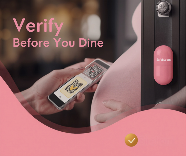 Pregnant woman scanning a SafeBloom certification QR code at a restaurant entrance